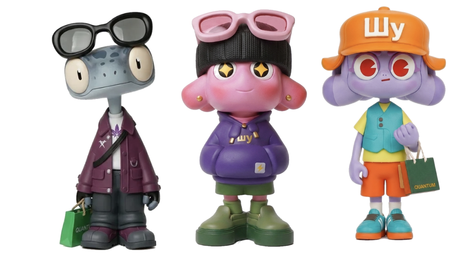 Three collectible mascot companions in vinyl toy style with customizable outfits and accessories
